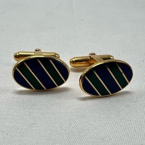 Vintage Shields Gold Tone Navy Blue green Enamel Diagonal Stripe Cufflinks